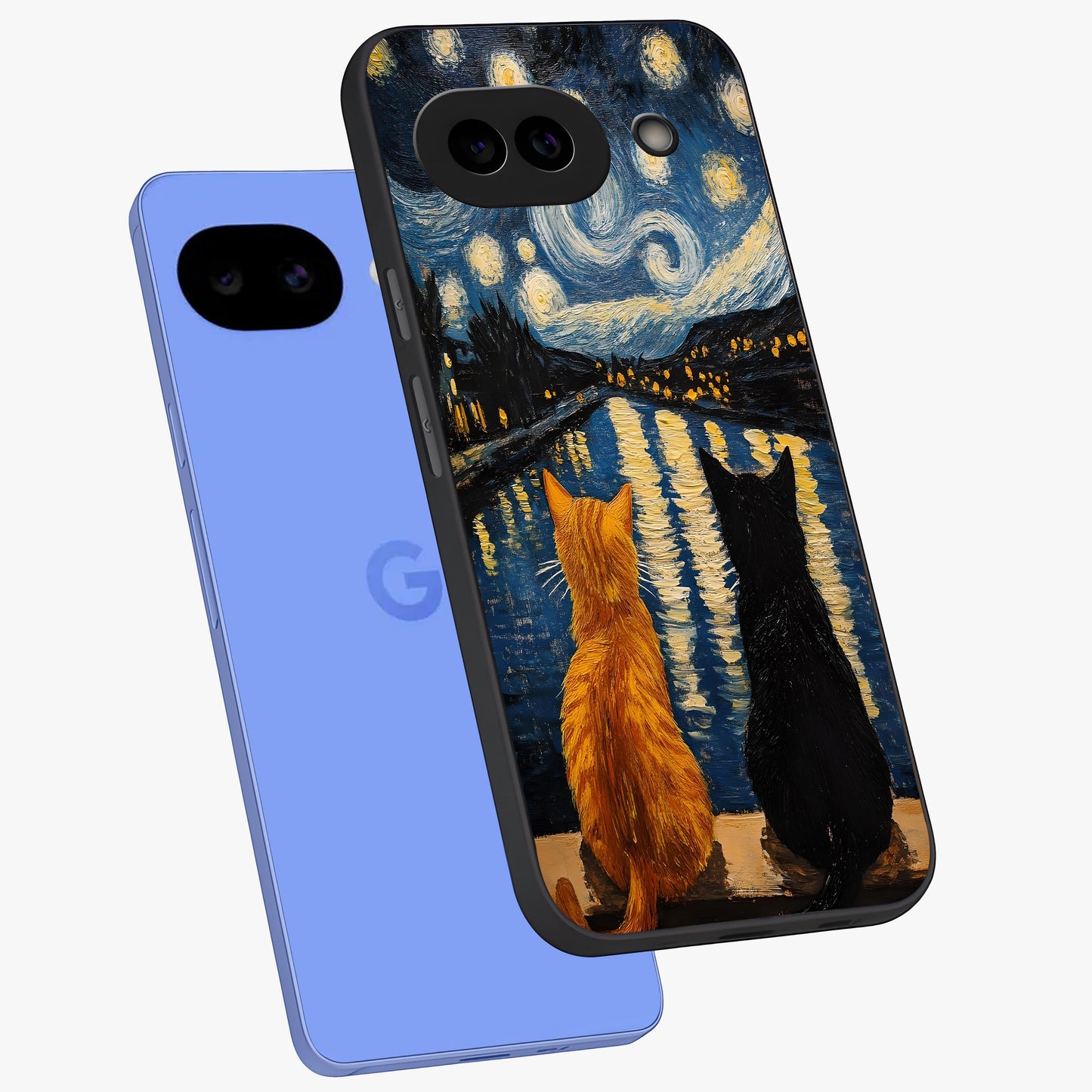 Starry River Cats Glass Case displayed in angled mockup highlighting charming feline illustration with dreamy night aesthetic.