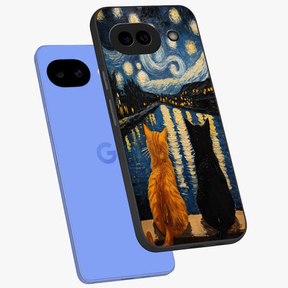 Starry River Cats Glass Case displayed in angled mockup highlighting charming feline illustration with dreamy night aesthetic.