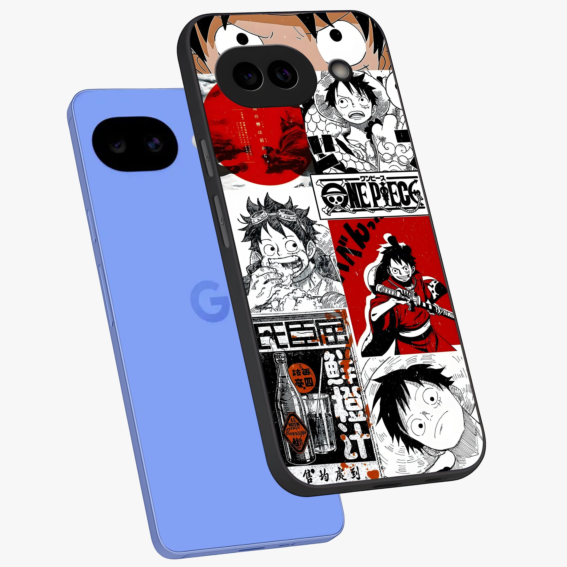 Strawhat Chaos Panels Glass Case displayed in angled mockup highlighting vibrant anime collage design with action aesthetic.