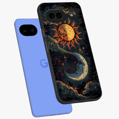 Sun And Moon Magic Design Glass Case displayed in angled mockup highlighting celestial design with magical cosmic aesthetic.