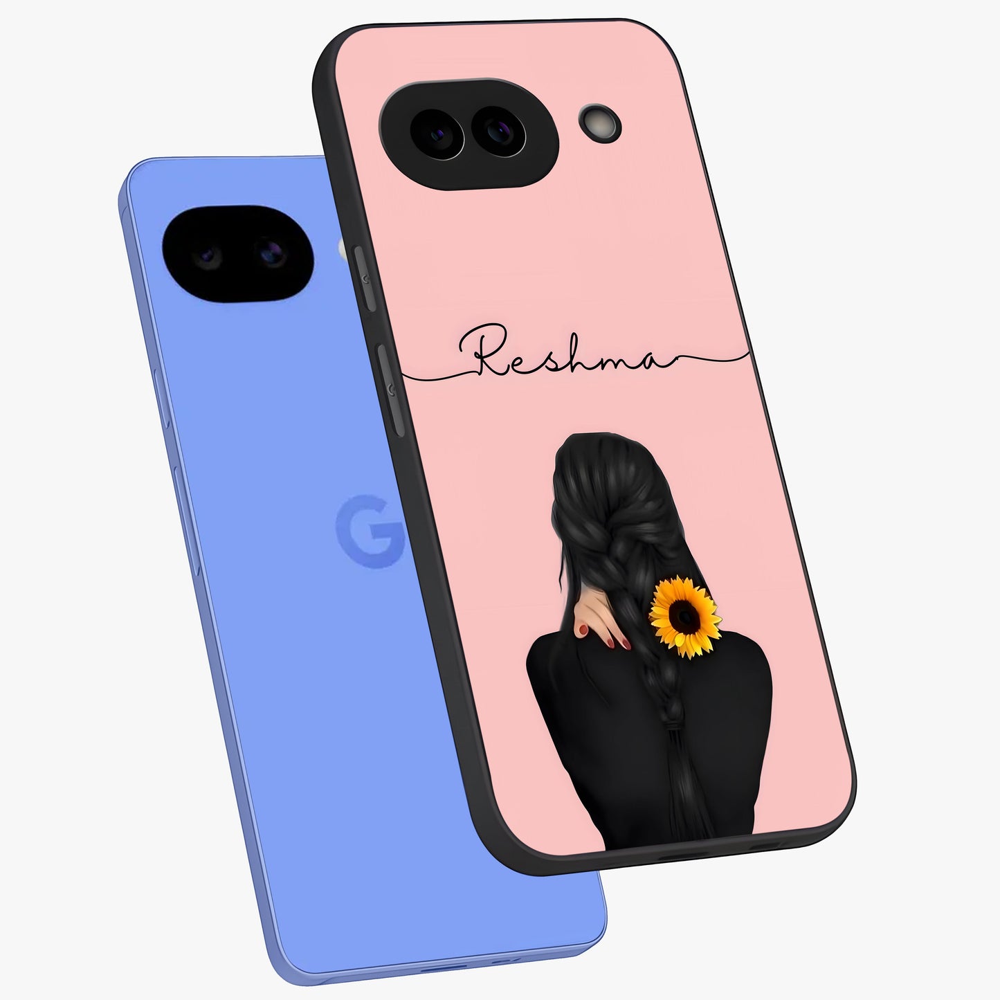 Sunflower Braid Beauty With Custom Name Glass Case displayed in angled mockup highlighting elegant sunflower design with custom name feature.