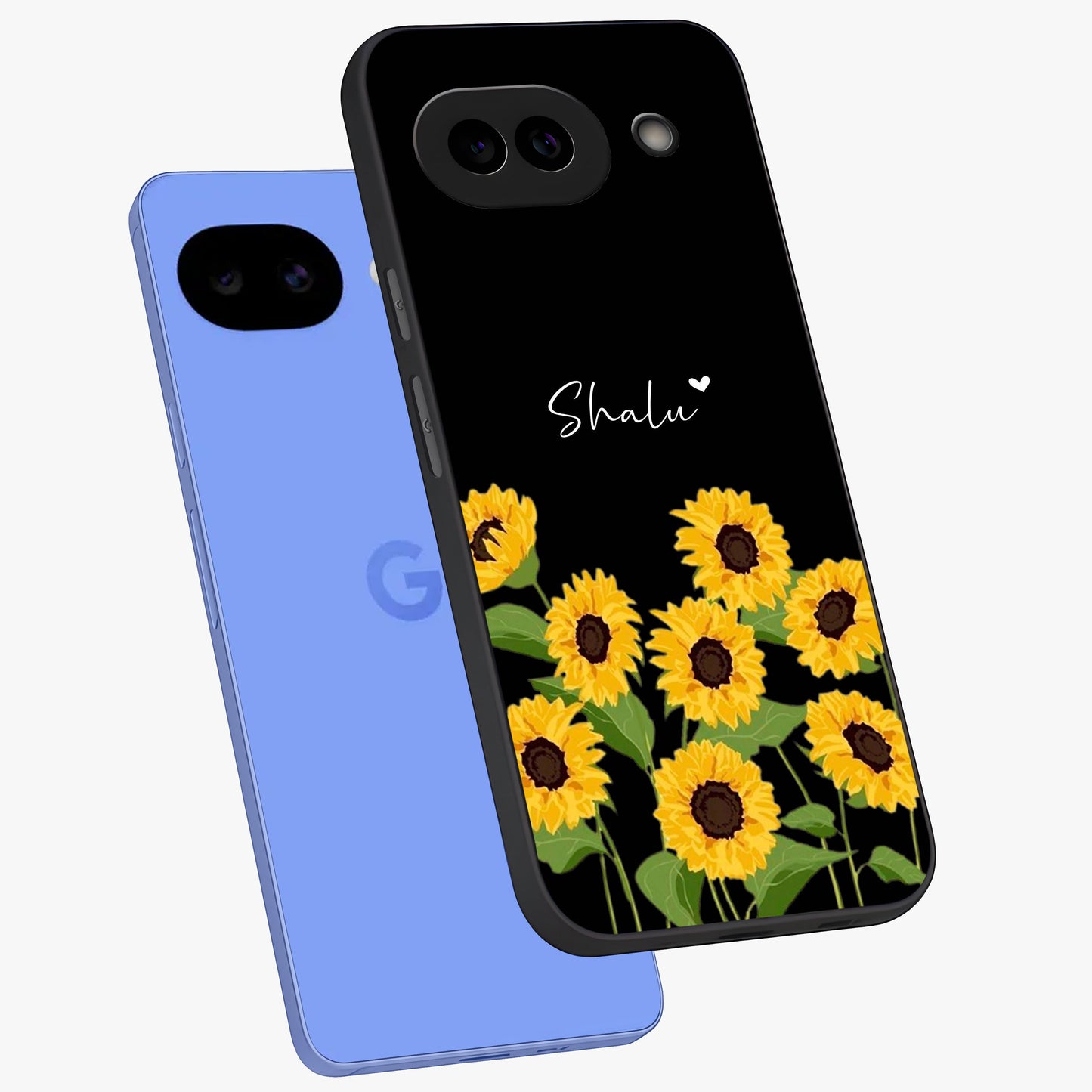 Sunflower Chic Mood Custom Name Glass Case displayed in angled mockup highlighting vibrant sunflower design with custom name feature.