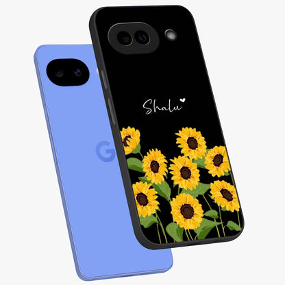 Sunflower Chic Mood Custom Name Glass Case displayed in angled mockup highlighting vibrant sunflower design with custom name feature.