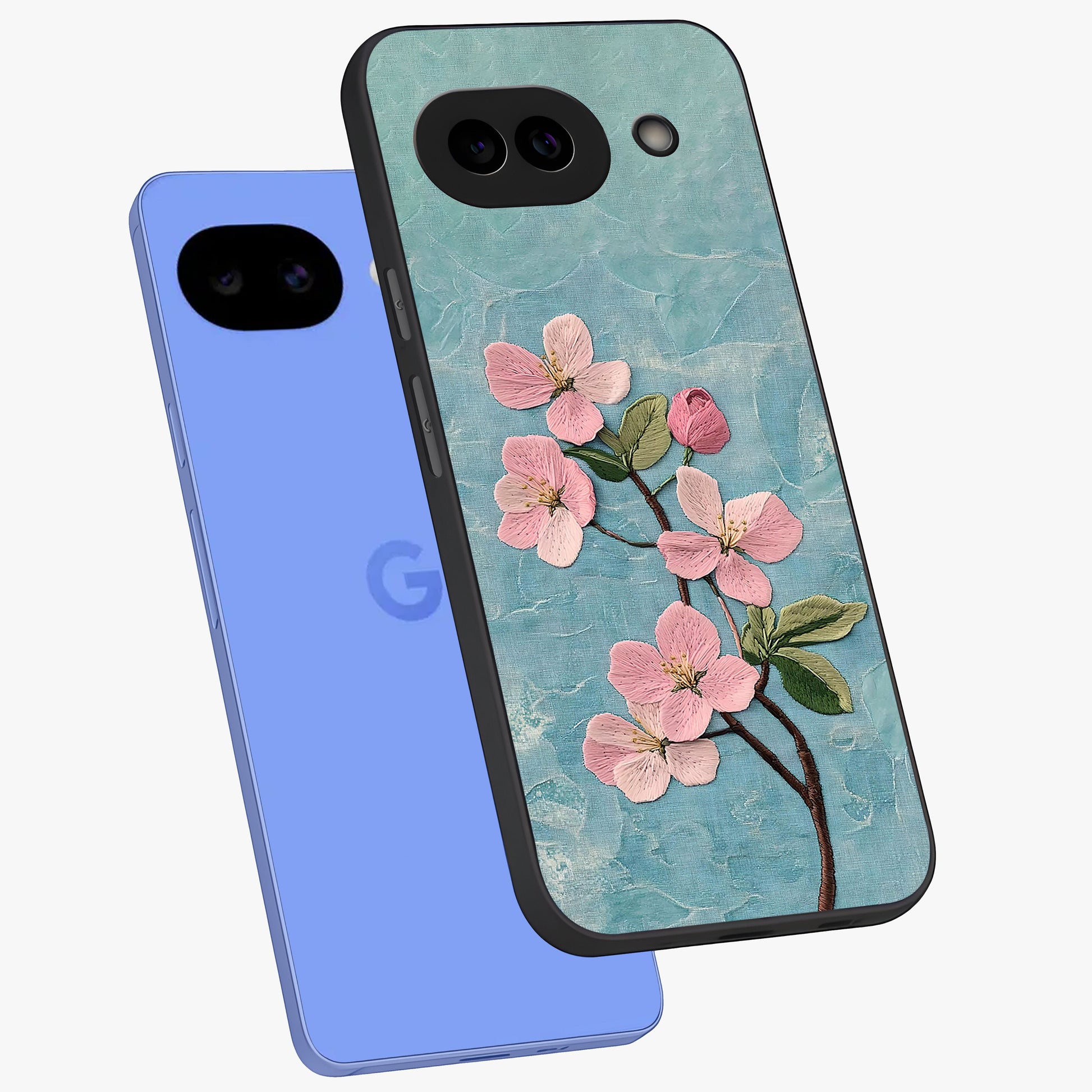 Threaded Blossom Breeze Glass Case displayed in angled mockup highlighting elegant floral design with soft aesthetic style.