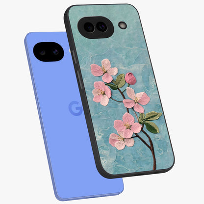 Threaded Blossom Breeze Glass Case displayed in angled mockup highlighting elegant floral design with soft aesthetic style.