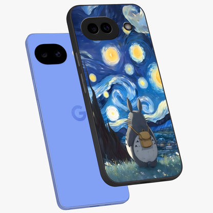 Totoro In Van Gogh Art Glass Case displayed in angled mockup highlighting artistic swirling sky design with playful animation aesthetic.