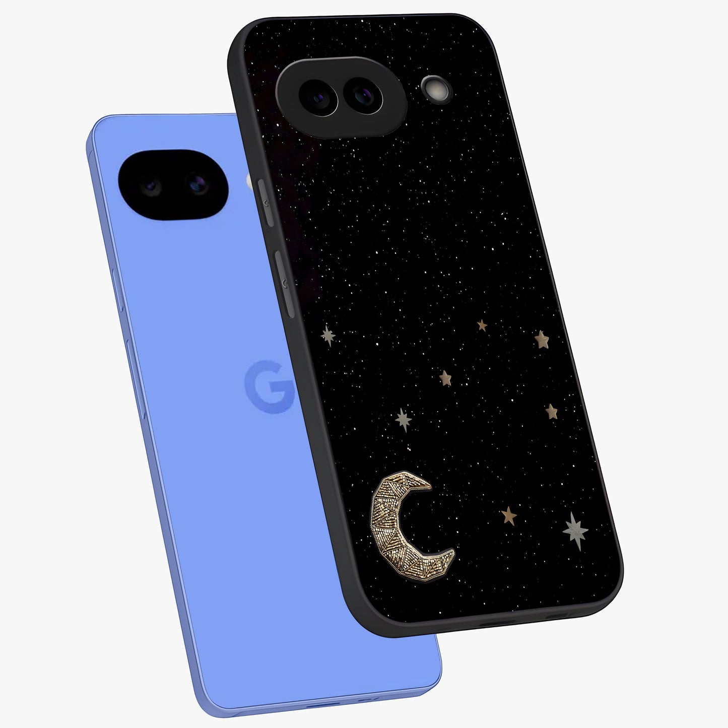 Twinkle Star With Half Moon Glass Case displayed in angled mockup highlighting celestial moon and star design with magical aesthetic.