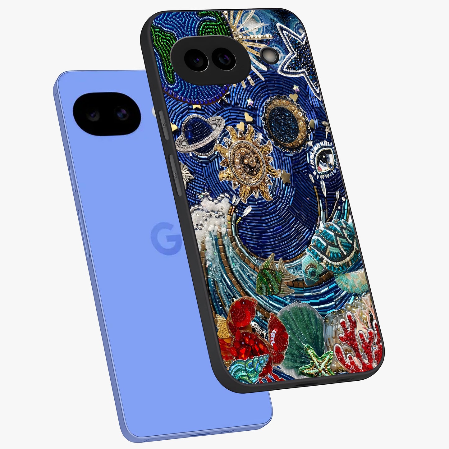 Universe Underwater Spark Glass Case displayed in angled mockup highlighting glowing aquatic design with celestial aesthetic.