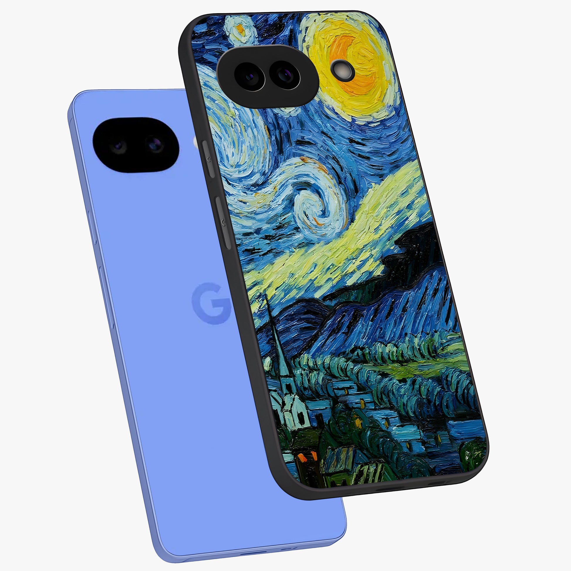 Van Gogh Art Glass Case displayed in angled mockup highlighting swirling brushstroke design with artistic aesthetic.
