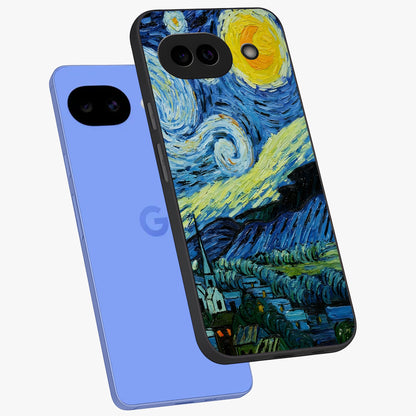 Van Gogh Art Glass Case displayed in angled mockup highlighting swirling brushstroke design with artistic aesthetic.