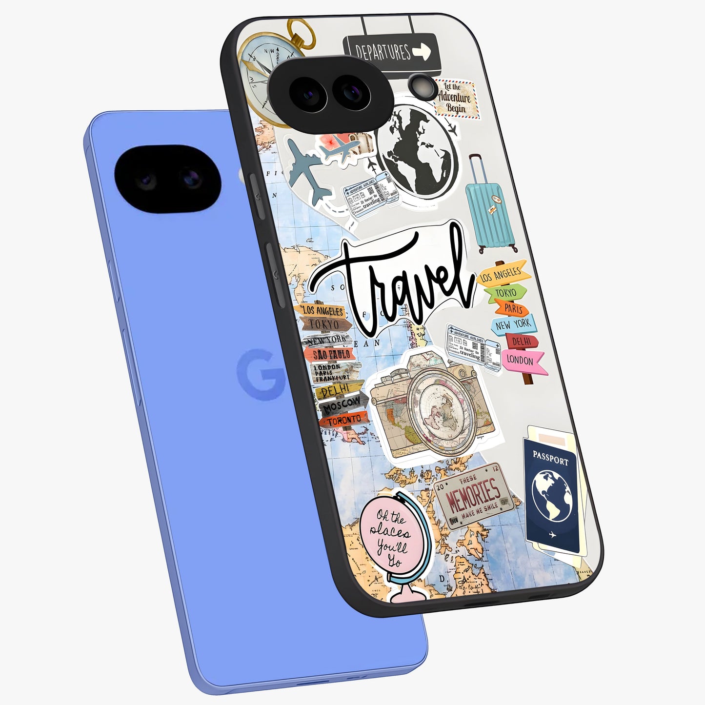 Wanderlust Journal Glass Case displayed in angled mockup highlighting adventure themed design with aesthetic travel vibe.
