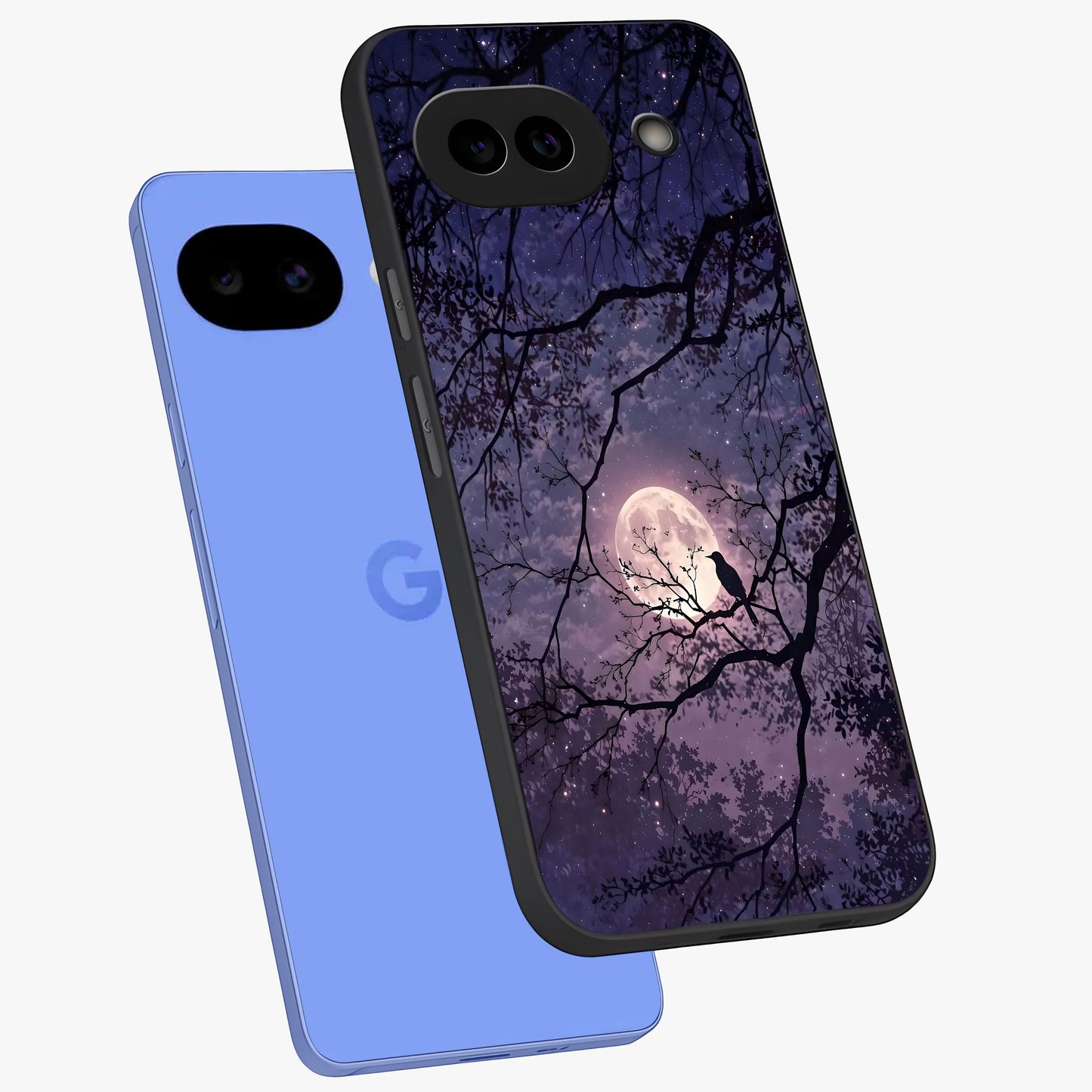 Whispering Moon Silence Glass Case displayed in angled mockup highlighting calm lunar design with dreamy night aesthetic.