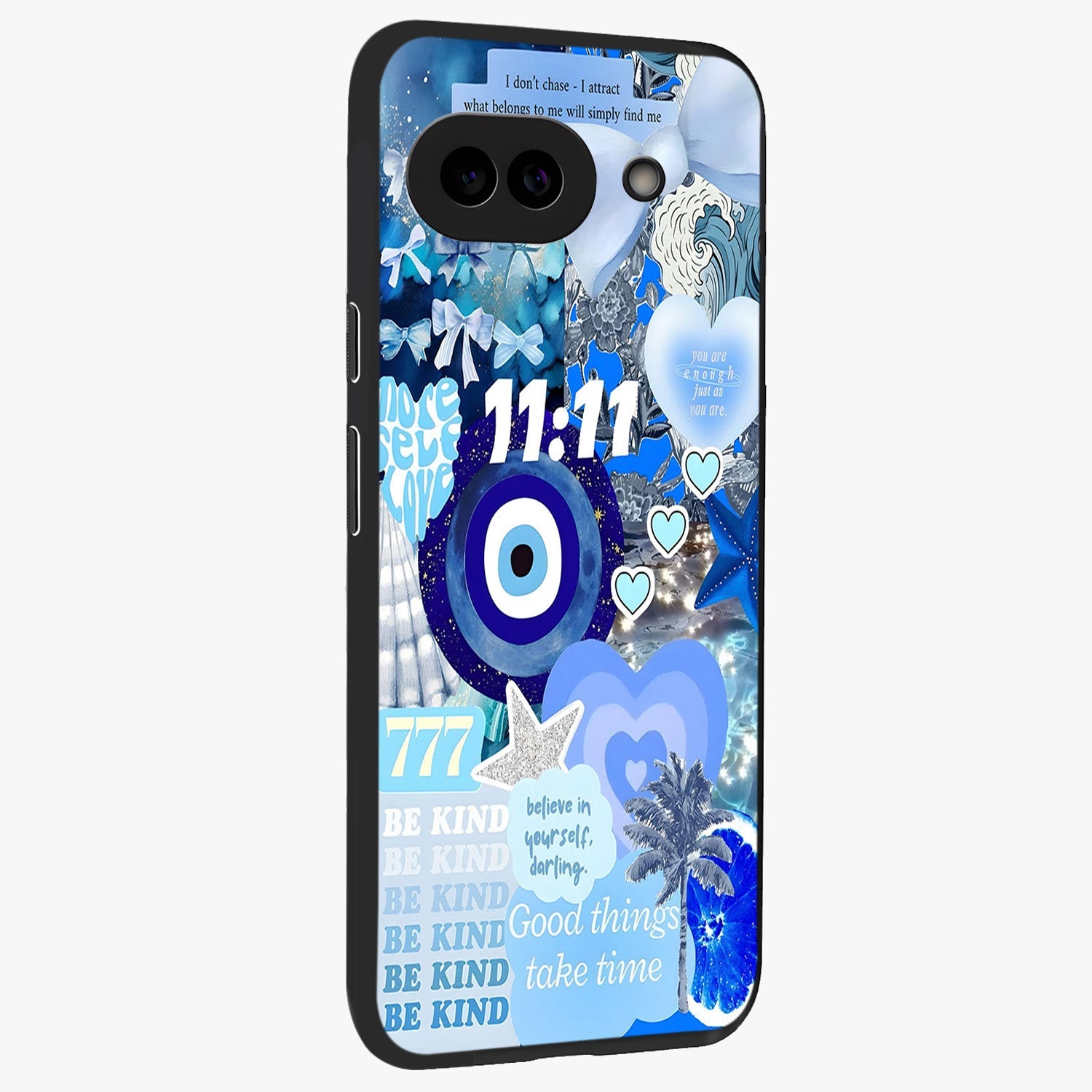 Aesthetic Be Kind Eye Glass Case upright view showcasing stylish eye illustration with positive message theme.