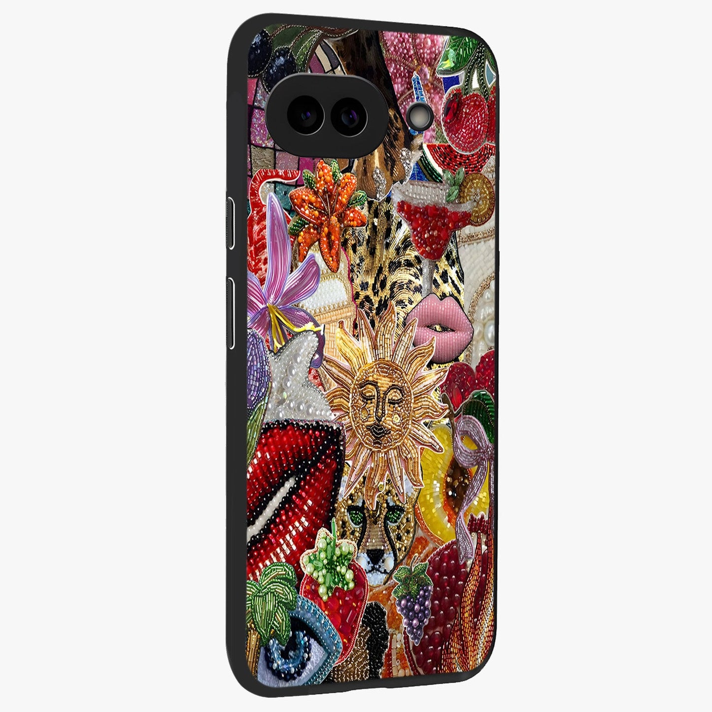 Beaded Fashion Jungle Glass Case upright view showcasing tropical jungle aesthetic with decorative bead elements.