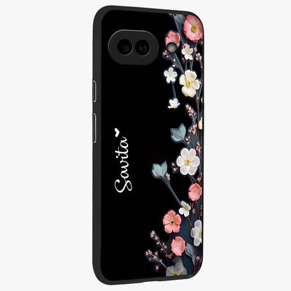 Black Elegance Floral Custom Name Glass Case upright view showcasing luxurious black floral design with personalized name detail.