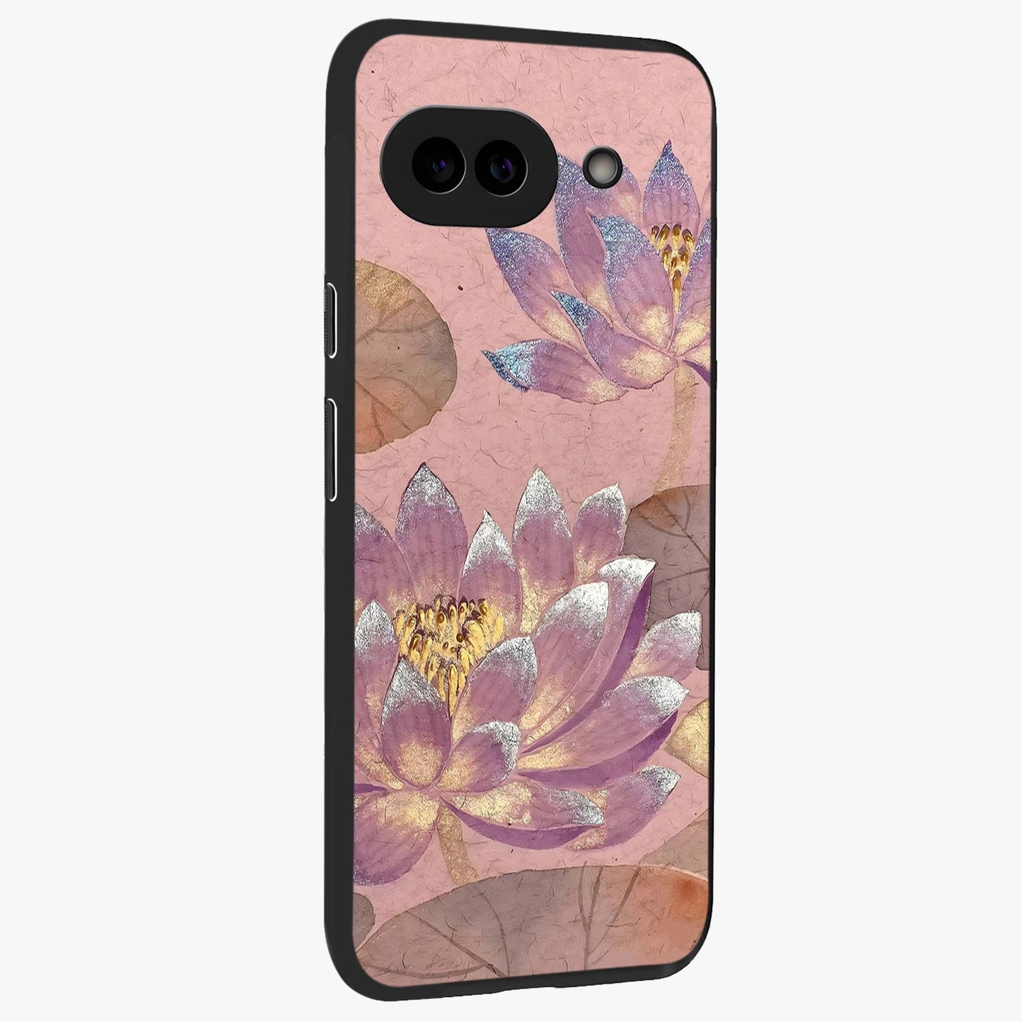 Blossom Mist Lotus Glass Case upright view showcasing graceful lotus flower design with peaceful botanical style.