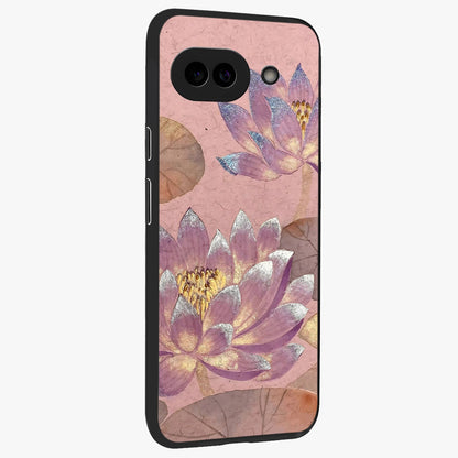 Blossom Mist Lotus Glass Case upright view showcasing graceful lotus flower design with peaceful botanical style.