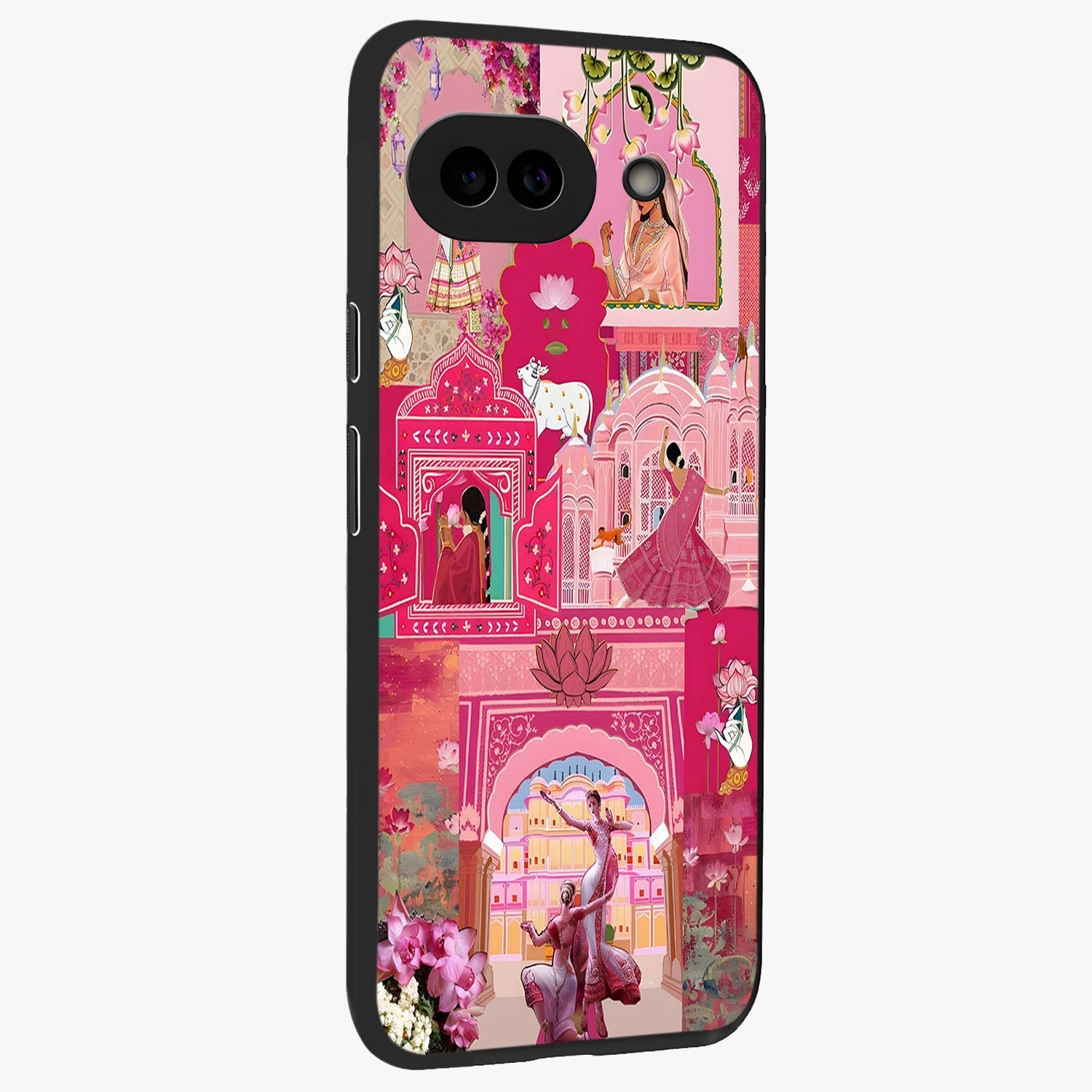 Blossoms of Rajasthan Glass Case upright view showcasing colorful floral design inspired by traditional Indian art.