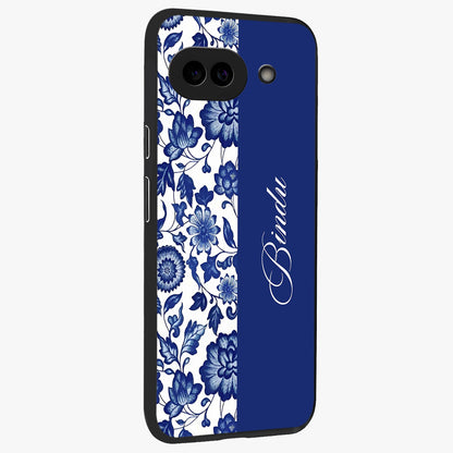 Blue Vintage Floral Pattern Glass Case upright view showcasing delicate blush floral texture with modern minimal style.