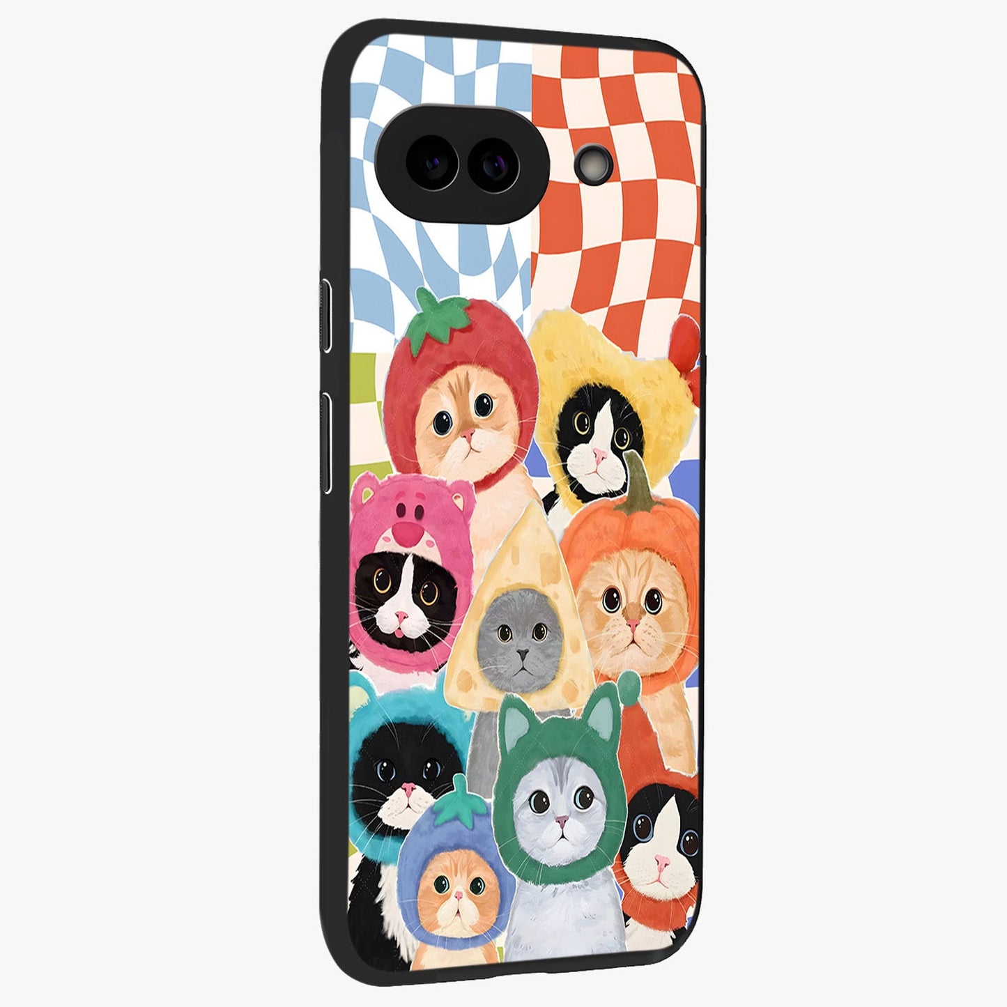 Cats in Fruits Glass Case upright view showcasing charming cat artwork with fun fruity theme.