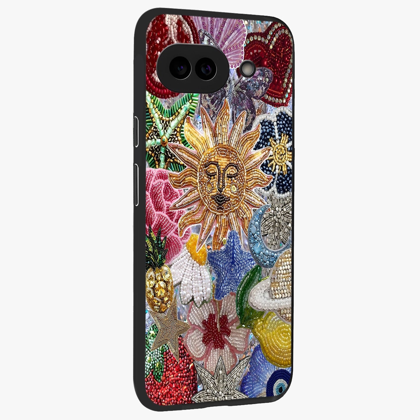 Celestial Floral and Playful Glass Case upright view showcasing whimsical floral artwork with cosmic aesthetic theme.