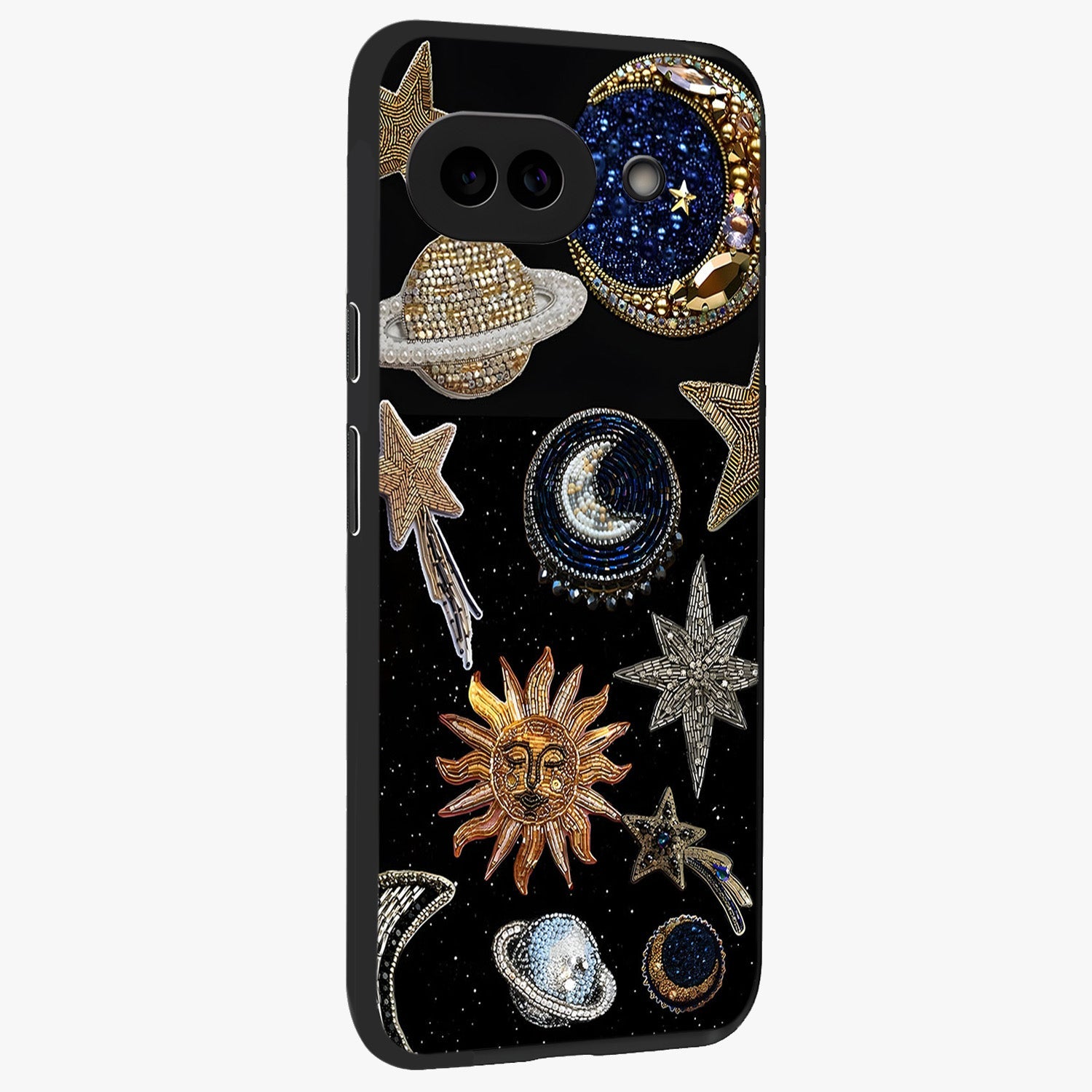 Celestial Gem Constellations Glass Case upright view showcasing cosmic constellation artwork with celestial aesthetic style.