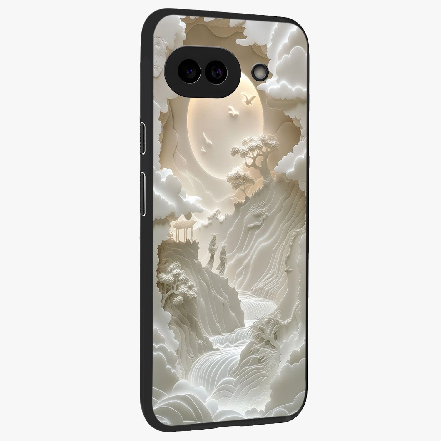 Celestial Origami Glass Case upright view showcasing creative origami artwork with modern celestial style.