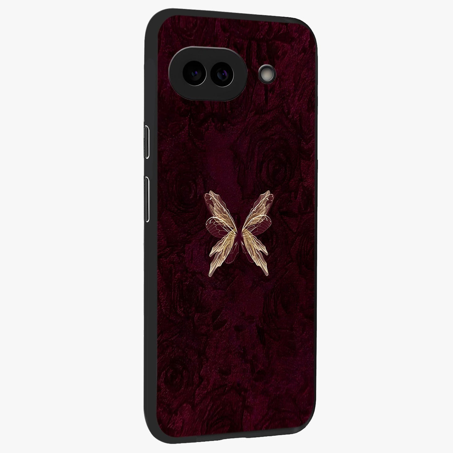 Crimson Fade Butterfly Glass Case upright view showcasing graceful butterfly artwork with soft crimson fade effect.