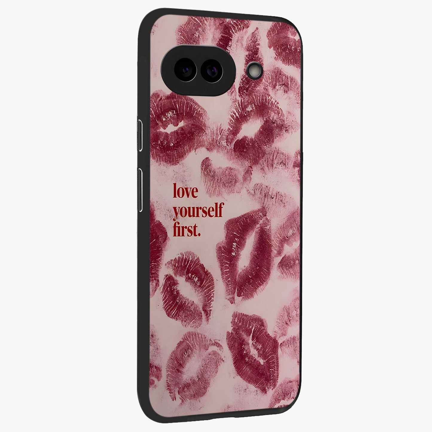 Crimson Kiss Love Glass Case upright view showcasing expressive romantic artwork with deep crimson theme.