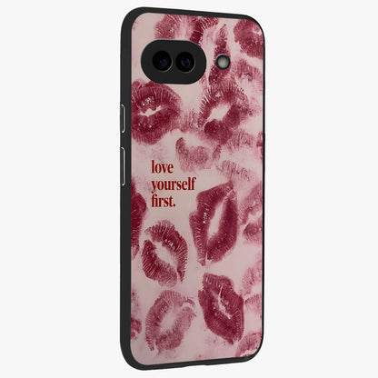 Crimson Kiss Love Glass Case upright view showcasing expressive romantic artwork with deep crimson theme.