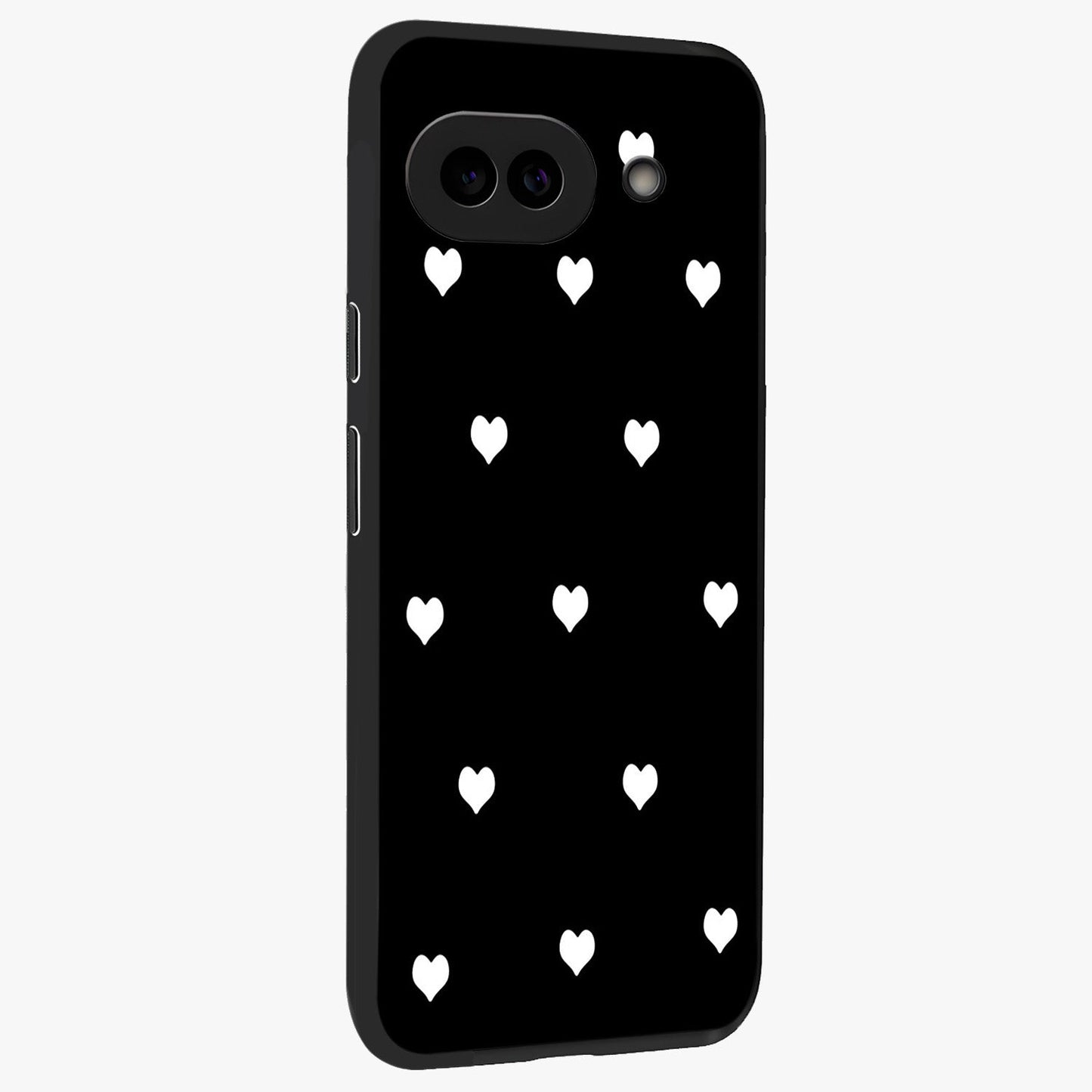 Cute And Simple White Hearts Glass Case upright view showcasing simple white hearts artwork with soft minimal theme.
