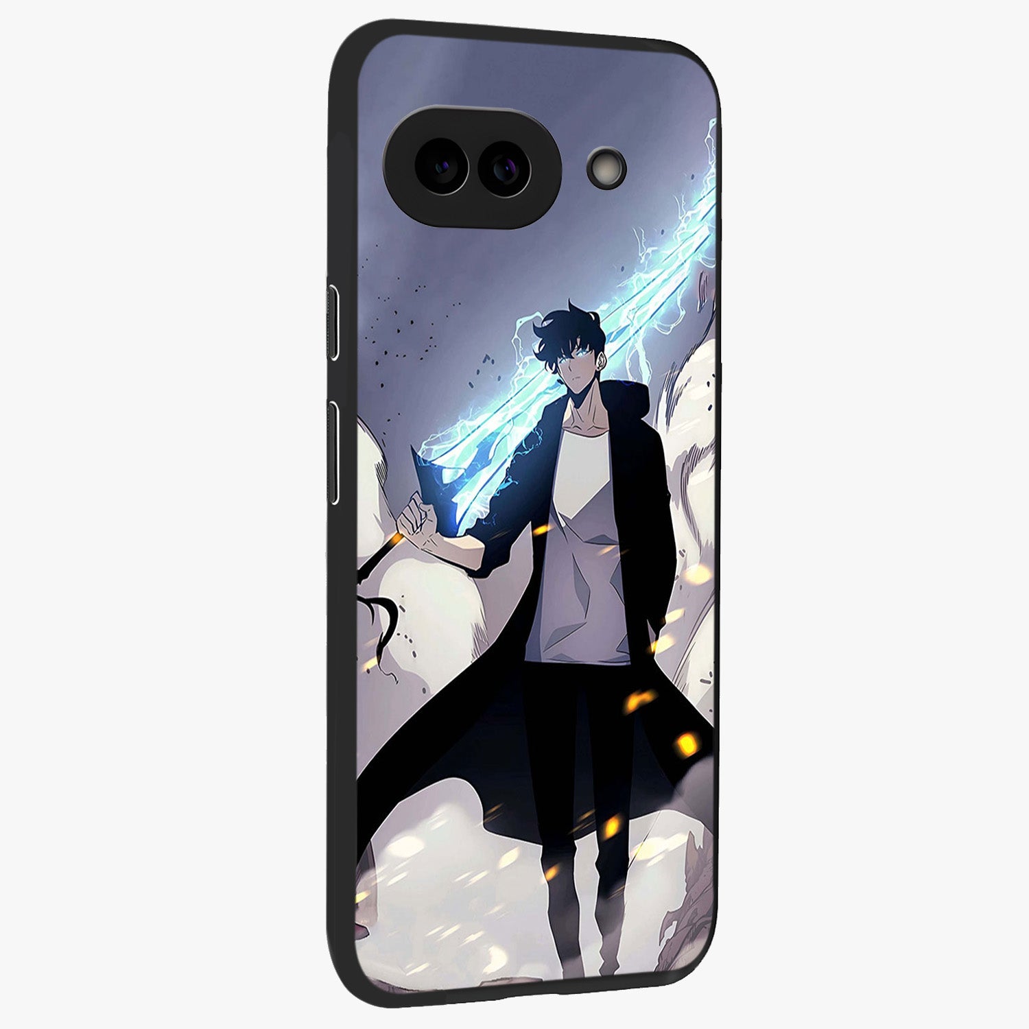 Dark Lightning Anime Warrior Glass Case upright view showcasing dramatic warrior artwork with dark lightning aesthetic.