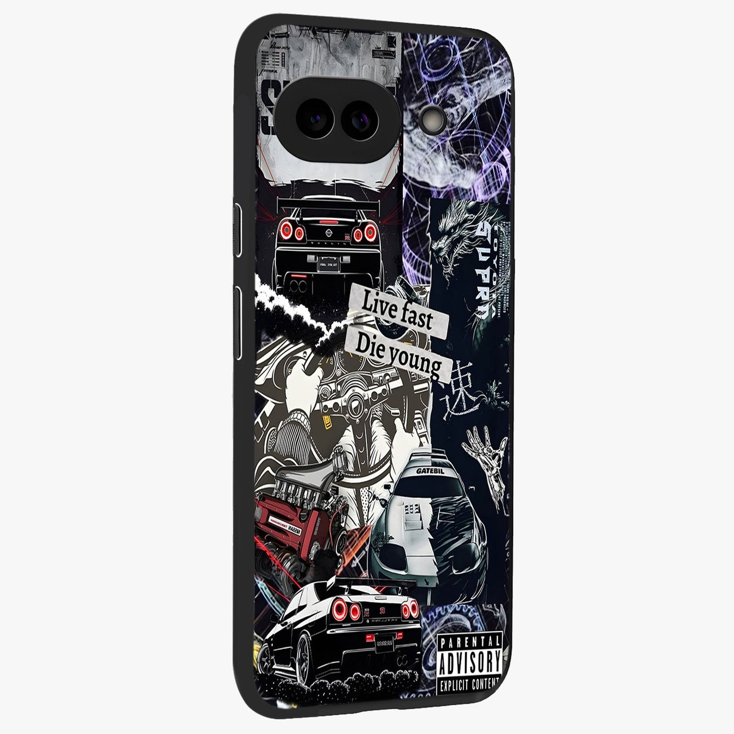 Die Young Glass Case upright view showcasing striking typography artwork with modern statement theme.