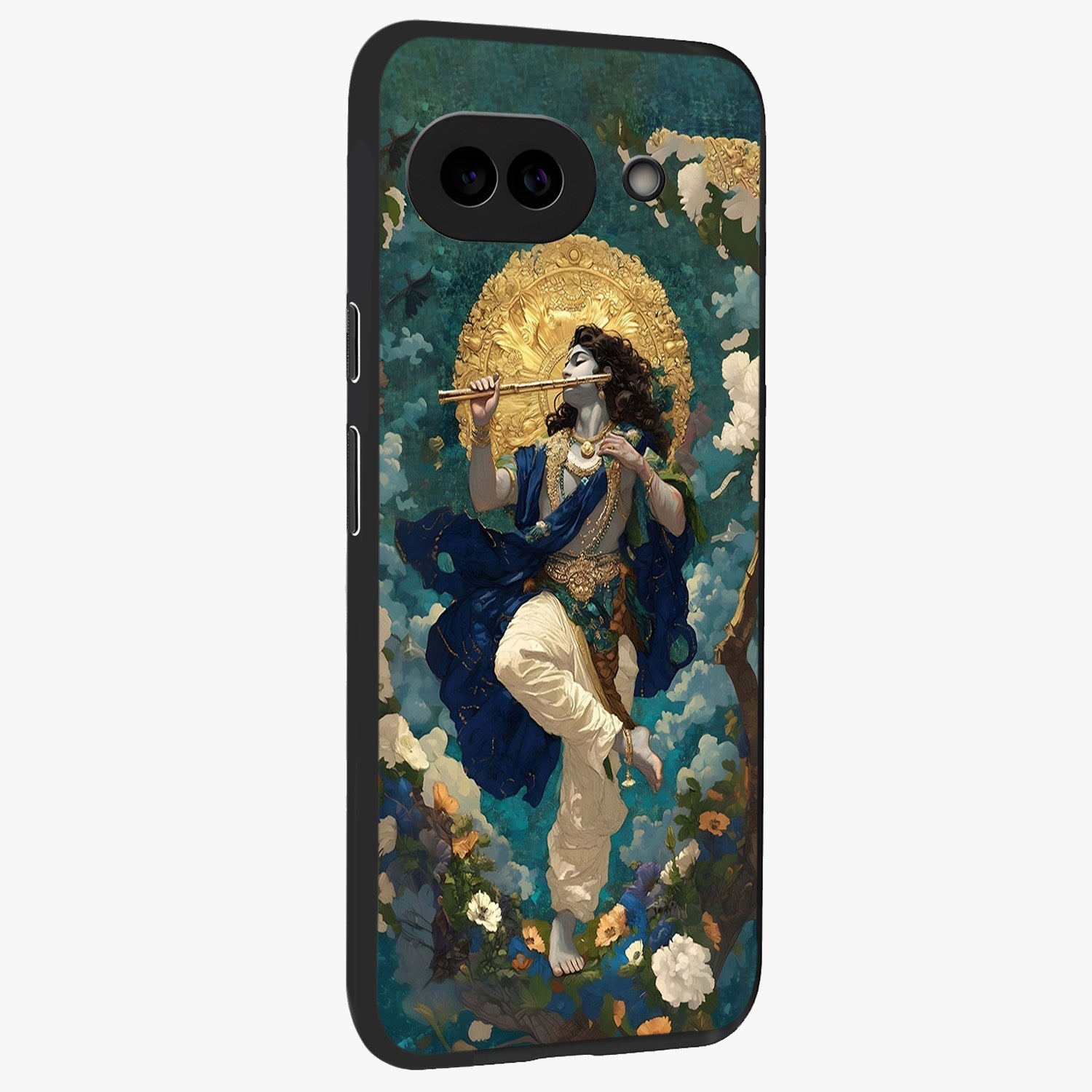 Divine Krishna Art Glass Case upright view showcasing divine Krishna artwork with sacred artistic theme.