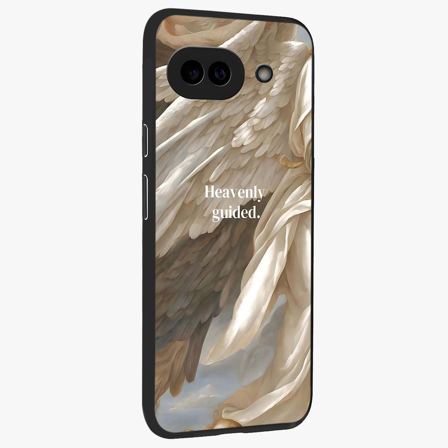 Divine Winged Grace Glass Case upright view showcasing spiritual wing artwork with soft celestial theme.