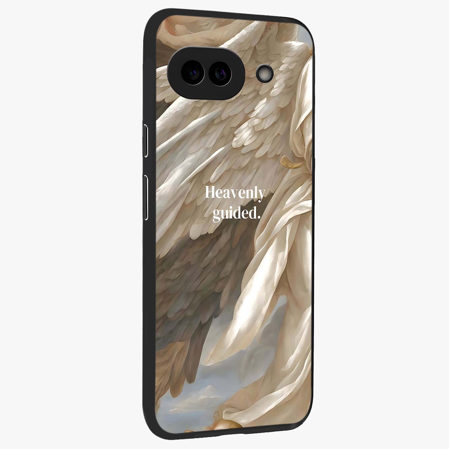Divine Winged Grace Glass Case upright view showcasing spiritual wing artwork with soft celestial theme.