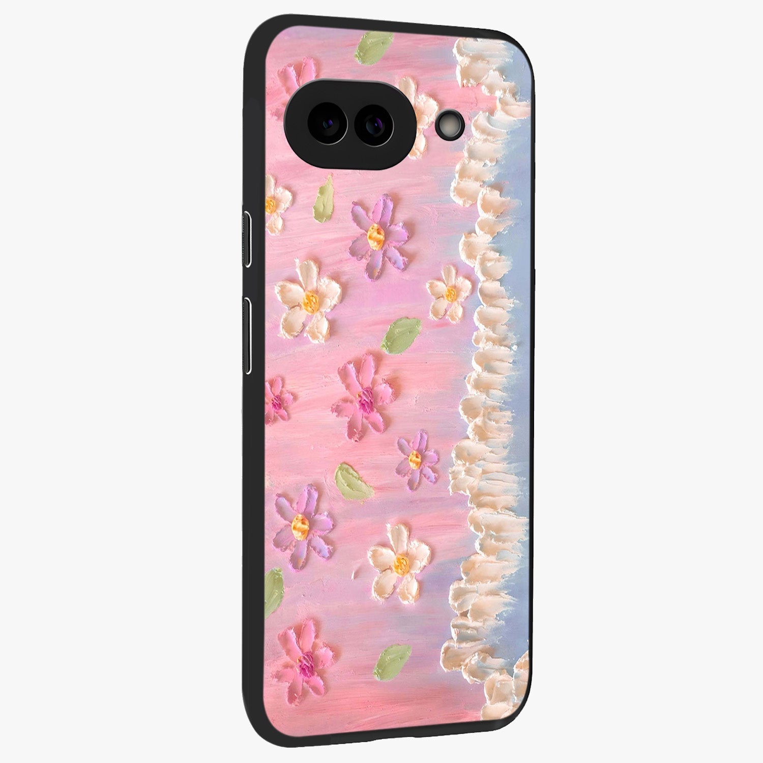 Dreamy Painted Garden Glass Case upright view showcasing vibrant floral garden artwork with artistic nature theme.