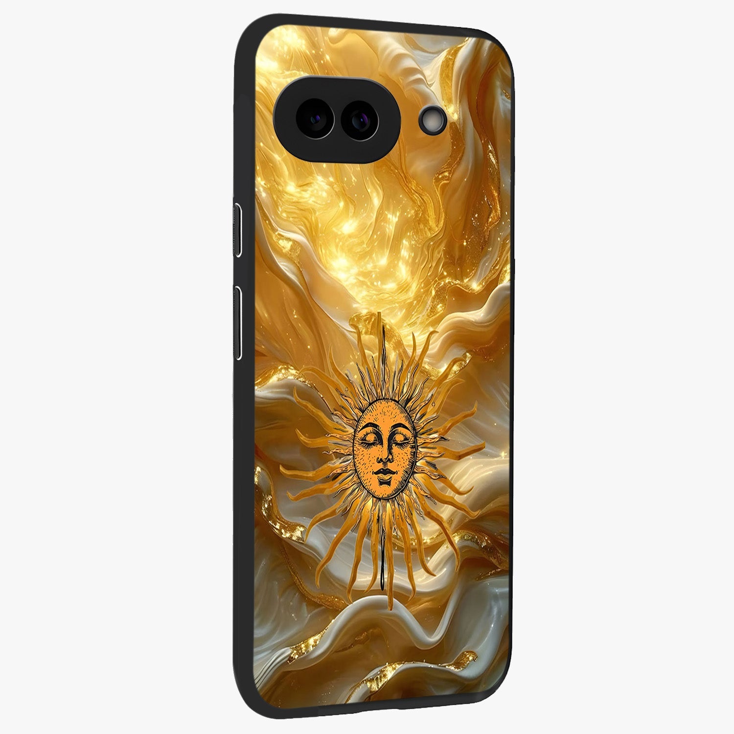 Eternal Golden Glow Glass Case upright view showcasing luminous golden artwork with luxurious visual theme.