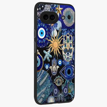 Evil Eye Charm Mix Glass Case upright view showcasing mystical evil eye pattern with vibrant decorative style.