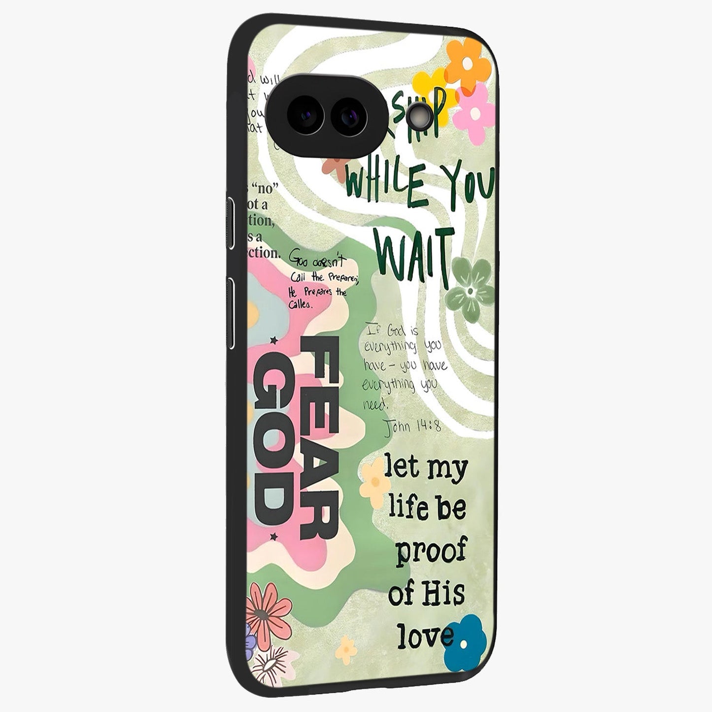 Faith Over Fear Glass Case upright view showcasing bold typography artwork with uplifting motivational theme.