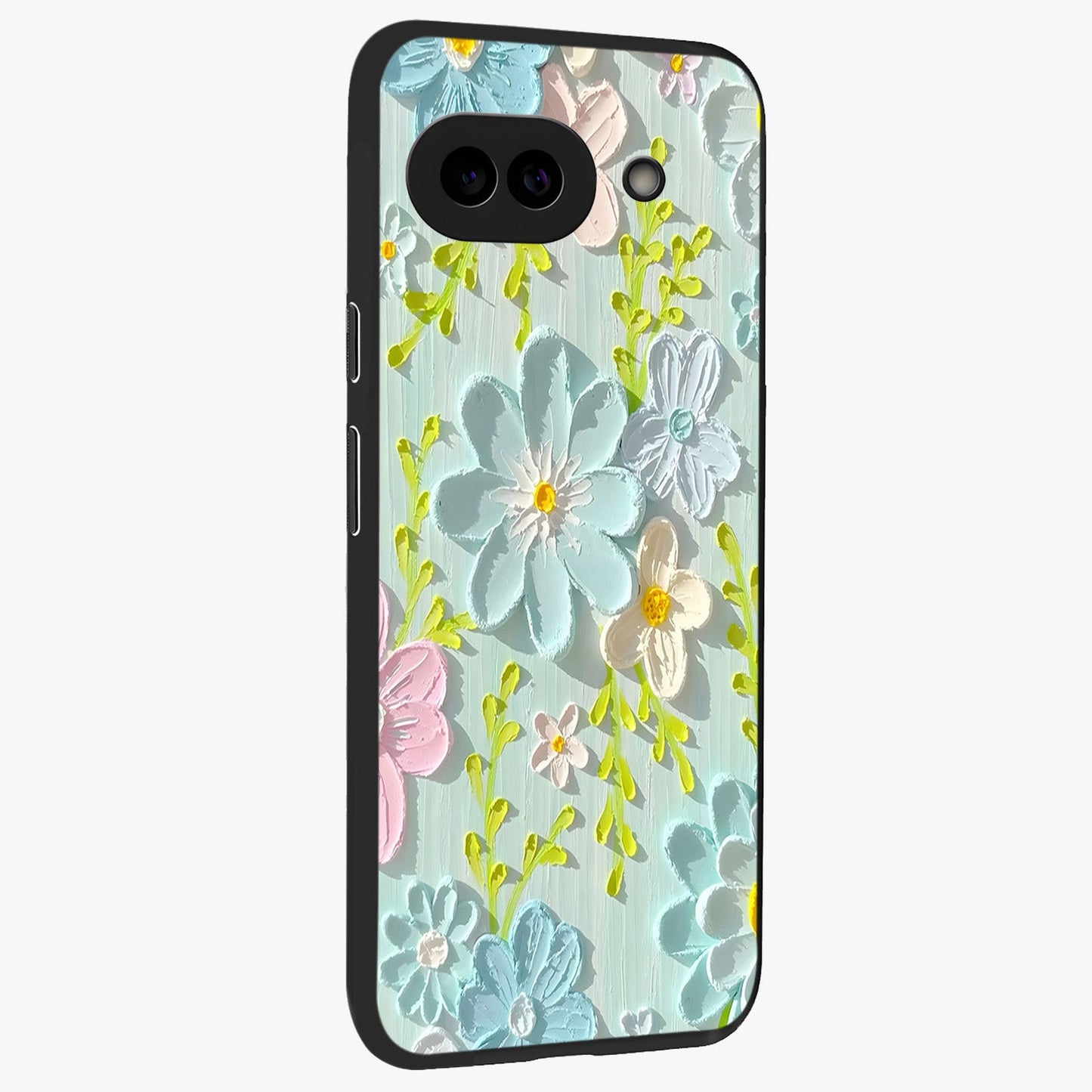 Frosted Petal Garden Glass Case upright view showcasing elegant floral garden artwork with soothing pastel theme.