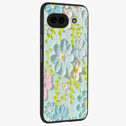 Frosted Petal Garden Glass Case upright view showcasing elegant floral garden artwork with soothing pastel theme.