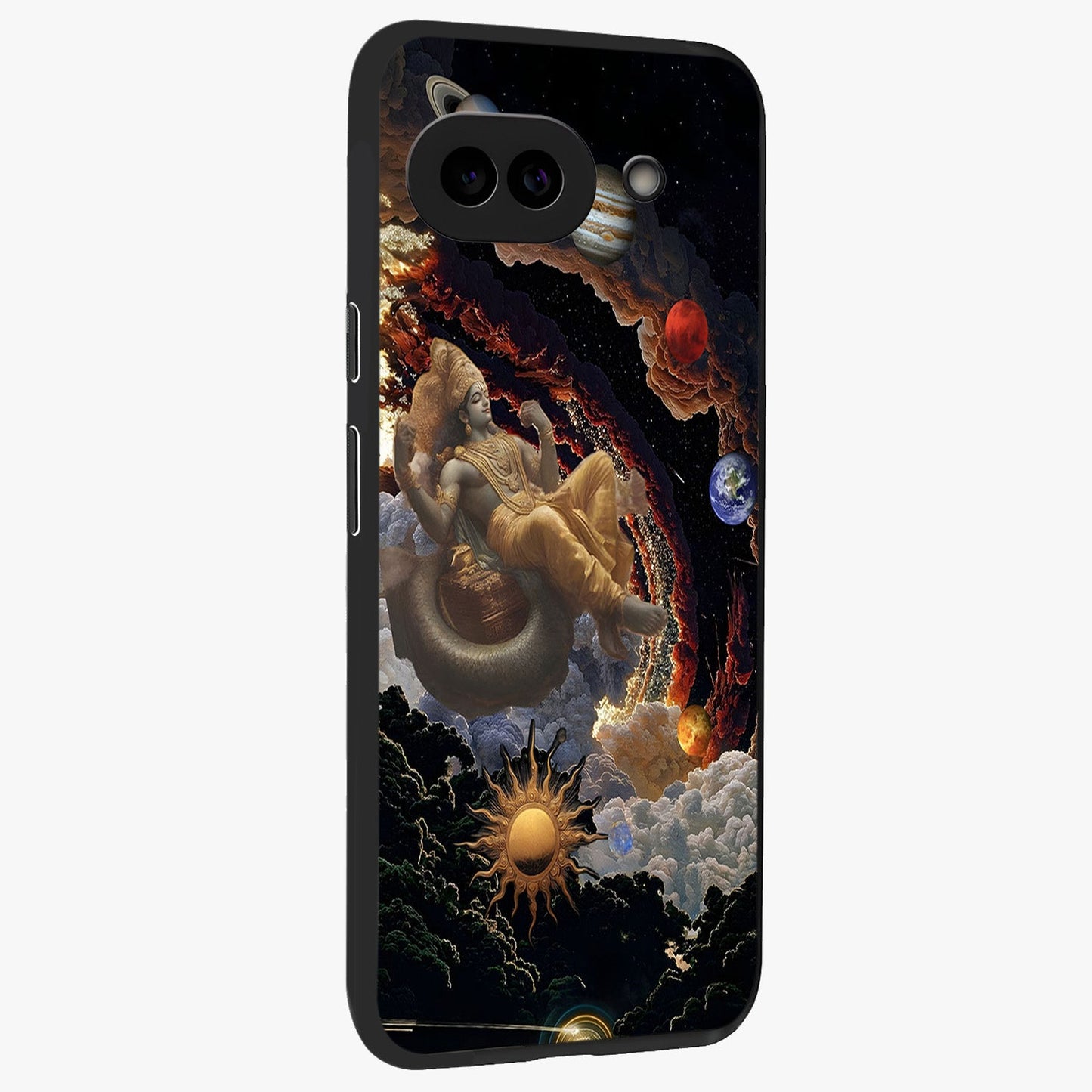 Galactic Divine God Glass Case upright view showcasing mystical divine artwork with dramatic cosmic theme.