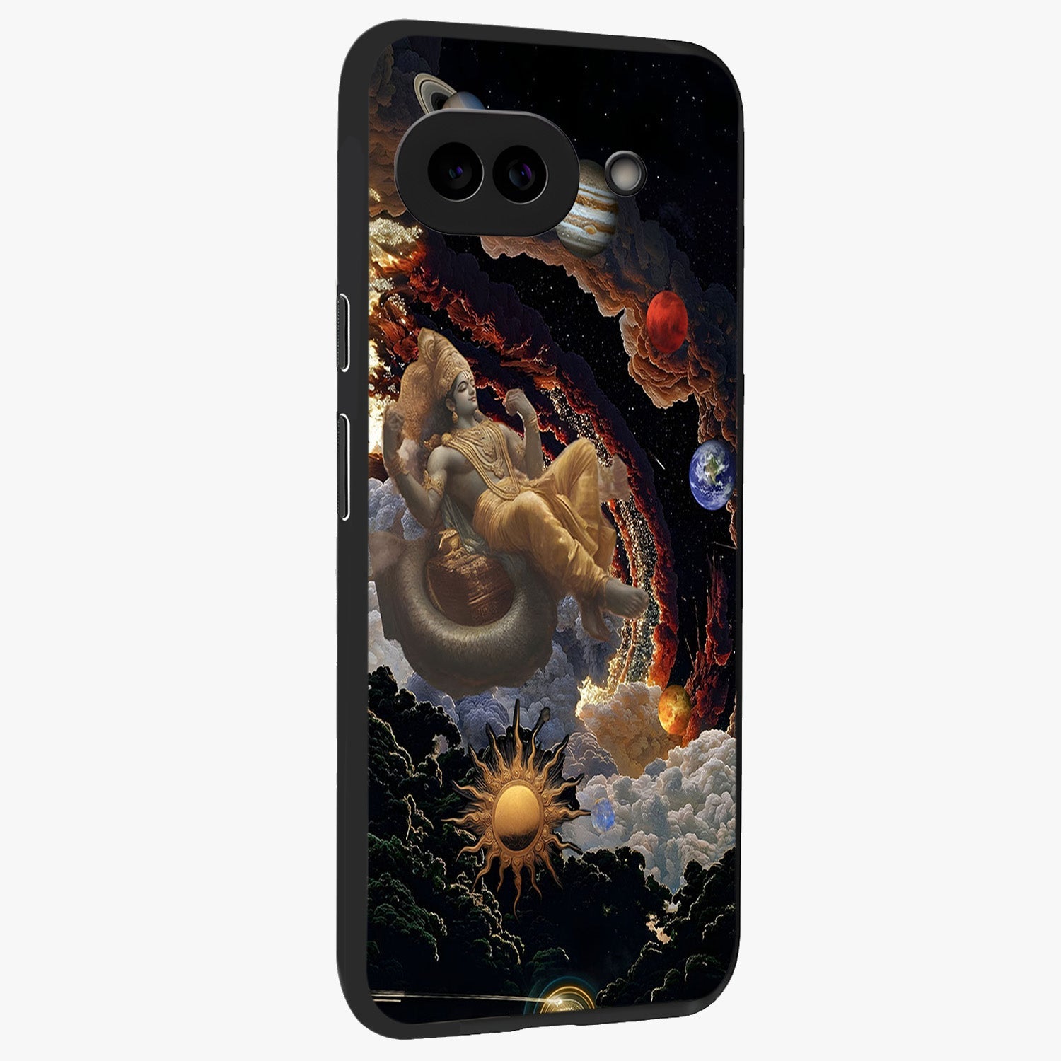 Galactic Divine God Glass Case upright view showcasing mystical divine artwork with dramatic cosmic theme.
