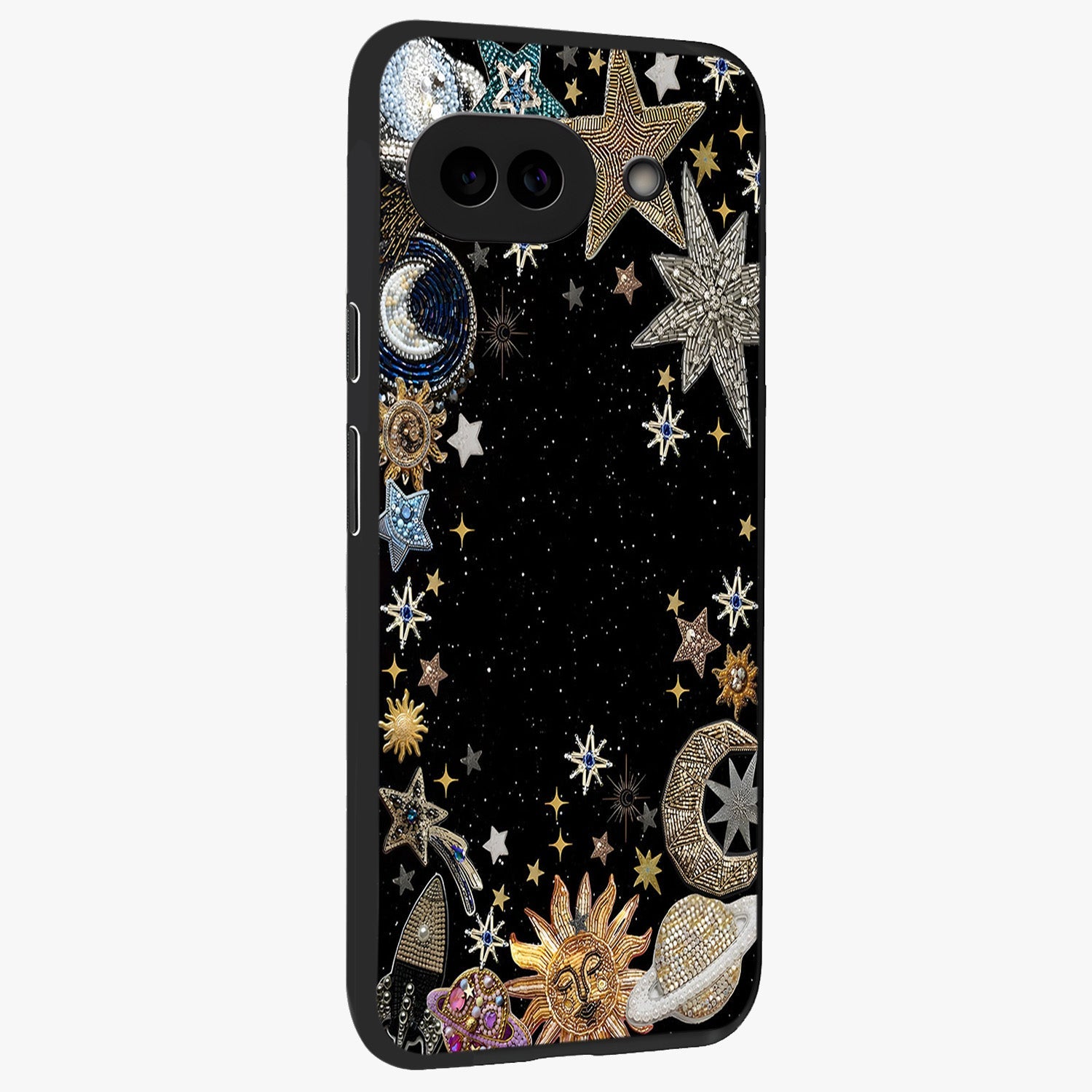 Galactic Jewel Stars Glass Case upright view showcasing glittering star jewel artwork with vibrant galaxy theme.