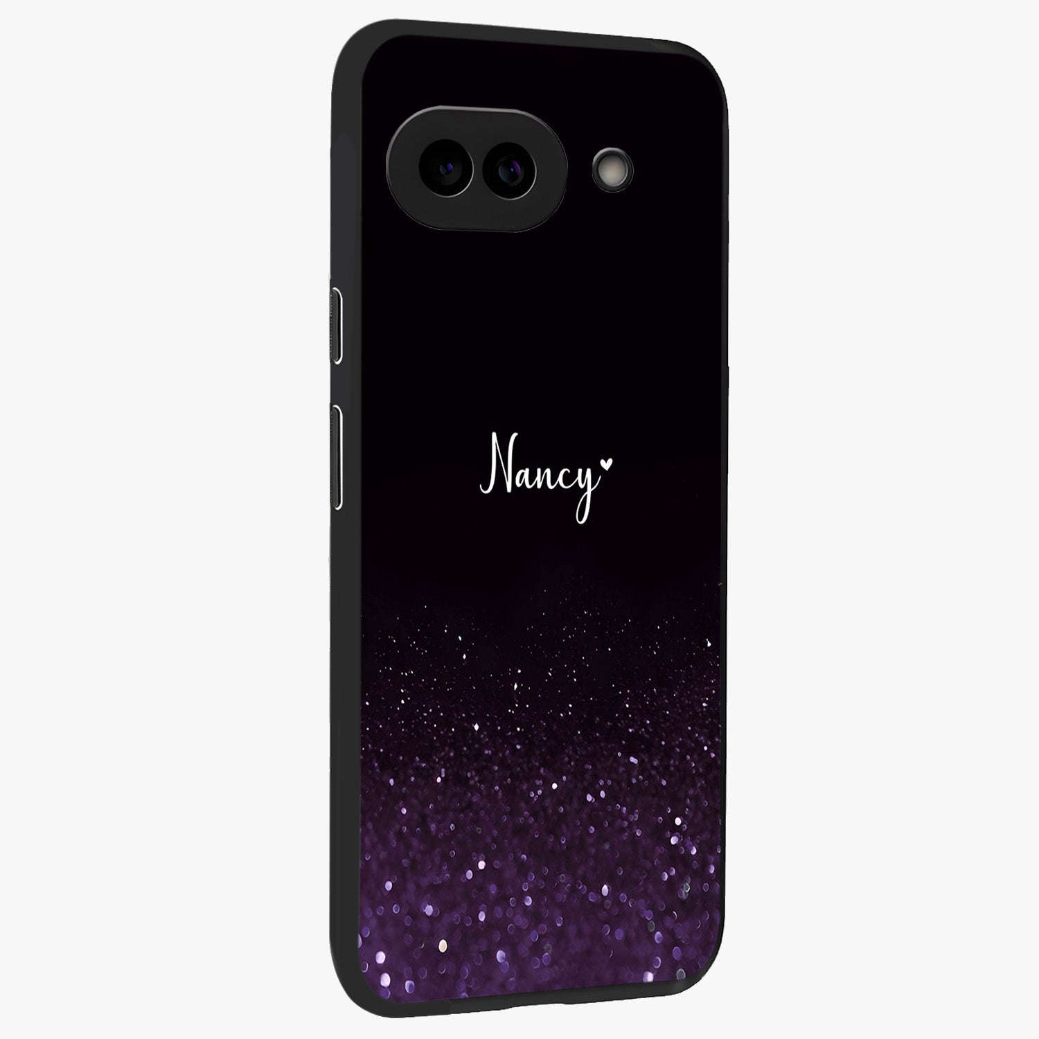 Glittery Purple Bokeh Custom Name Glass Case upright view showcasing vibrant purple sparkle artwork with personalized aesthetic style.