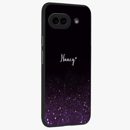 Glittery Purple Bokeh Custom Name Glass Case upright view showcasing vibrant purple sparkle artwork with personalized aesthetic style.