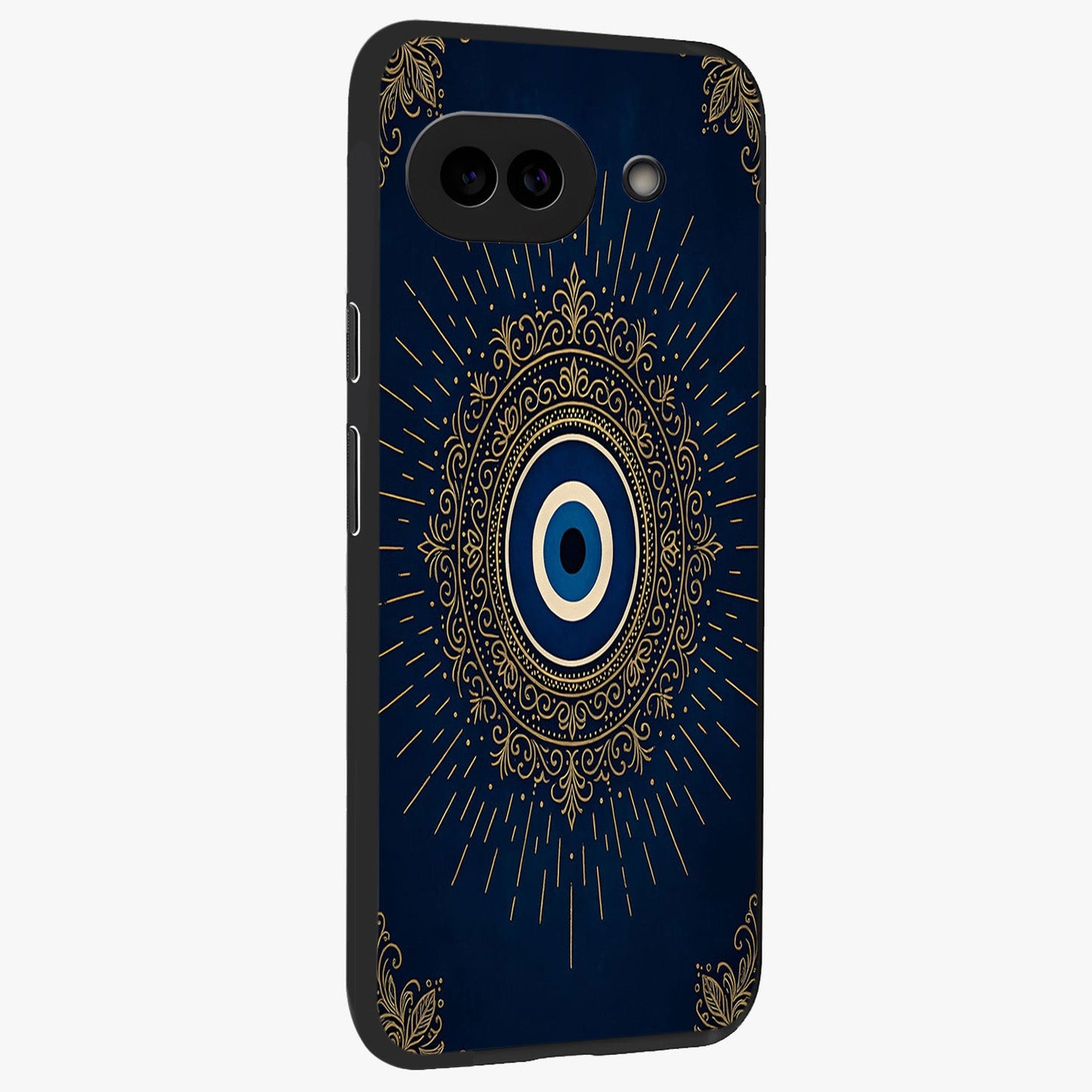Golden Celestial Charm Glass Case upright view showcasing radiant celestial artwork with elegant golden theme.
