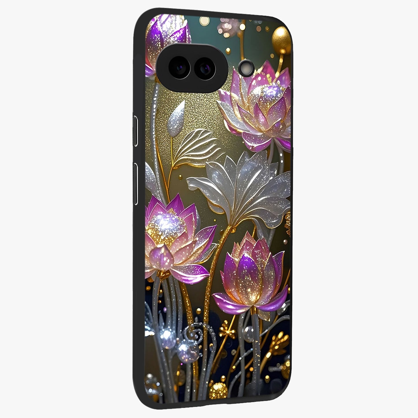 Golden Floral Majesty Glass Case upright view showcasing majestic floral artwork with rich decorative theme.