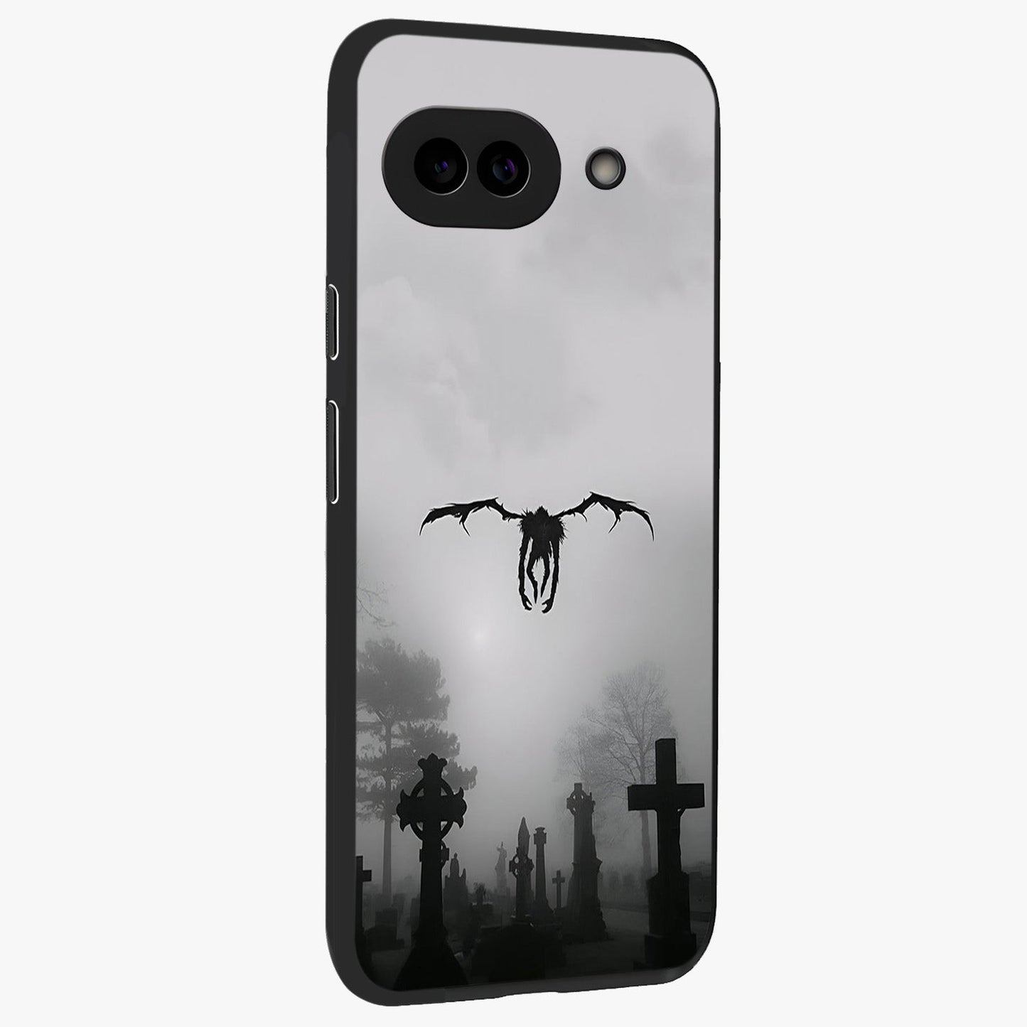 Graveyard Shadow Descent Glass Case upright view showcasing haunting graveyard artwork with dramatic dark theme.